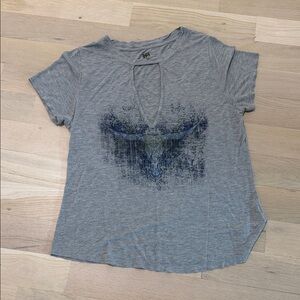 Haute Hippie Gray Short-Sleeve Tee with Navy Graphic and V-Cut